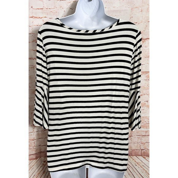 Green Envelope Black and White Striped Blouse Sz M Bell Half Sleeve Top - Picture 5 of 6